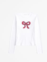 Abercrombie & Fitch White Ribbed Graphic Long Sleeve Top - Image 1 of 2