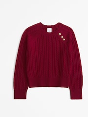 Abercrombie & Fitch Red Cable Knit Jumper With Metal Button Detail - Image 1 of 2
