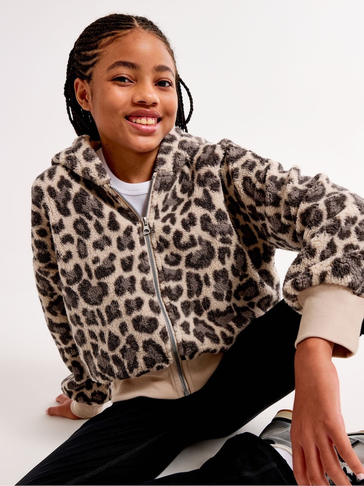 Abercrombie & Fitch Brown Leopard Print Sherpa Fleece Hooded Zip-Up Jacket - صورة 1 من 7