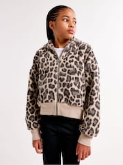 Abercrombie & Fitch Brown Leopard Print Sherpa Fleece Hooded Zip-Up Jacket - صورة 2 من 7
