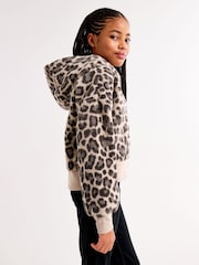 Abercrombie & Fitch Brown Leopard Print Sherpa Fleece Hooded Zip-Up Jacket - صورة 5 من 7