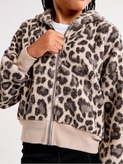 Abercrombie & Fitch Brown Leopard Print Sherpa Fleece Hooded Zip-Up Jacket - صورة 6 من 7
