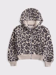 Abercrombie & Fitch Brown Leopard Print Sherpa Fleece Hooded Zip-Up Jacket - صورة 7 من 7