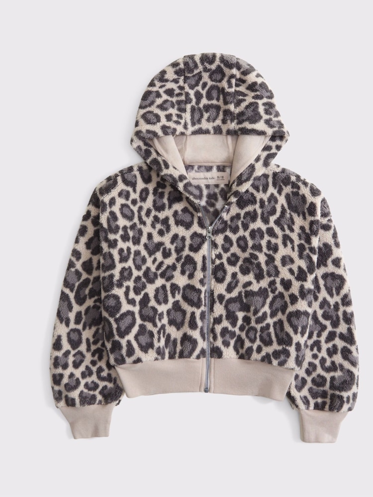 Abercrombie & Fitch Brown Leopard Print Sherpa Fleece Hooded Zip-Up Jacket - صورة 7 من 7