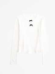 Abercrombie & Fitch White Long Sleeve Pointelle Bow Detail Top - Image 1 of 2