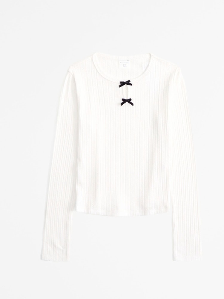 Abercrombie & Fitch White Long Sleeve Pointelle Bow Detail Top - Image 1 of 2
