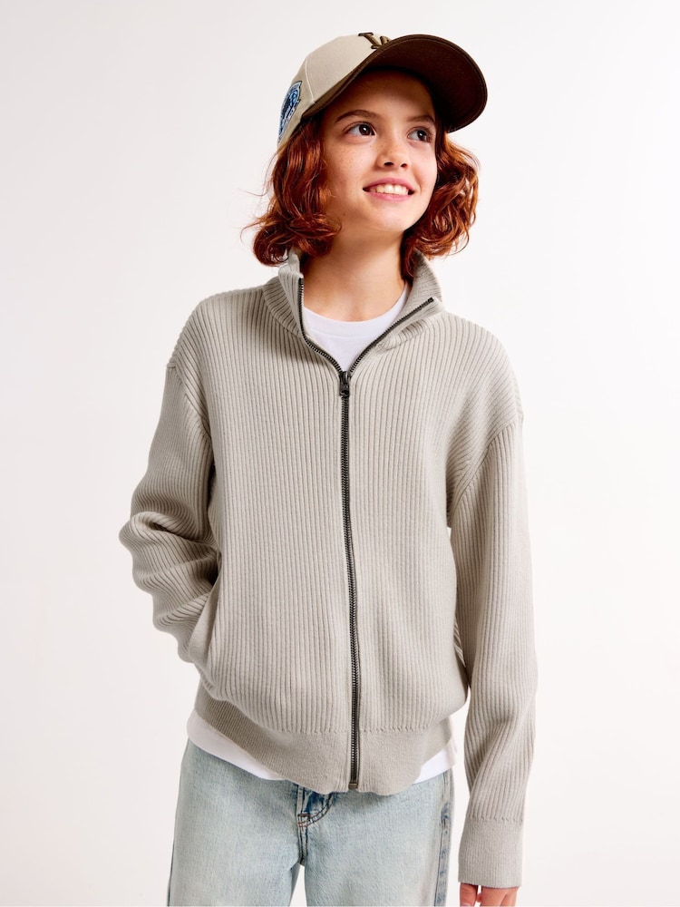 Abercrombie & Fitch Natural Ribbed Zip-Up Jacket - Image 1 of 6