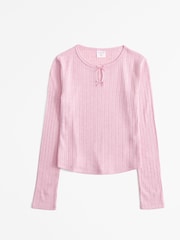 Abercrombie & Fitch Pink Long Sleeve Pointelle Bow Detail Top - Image 1 of 2