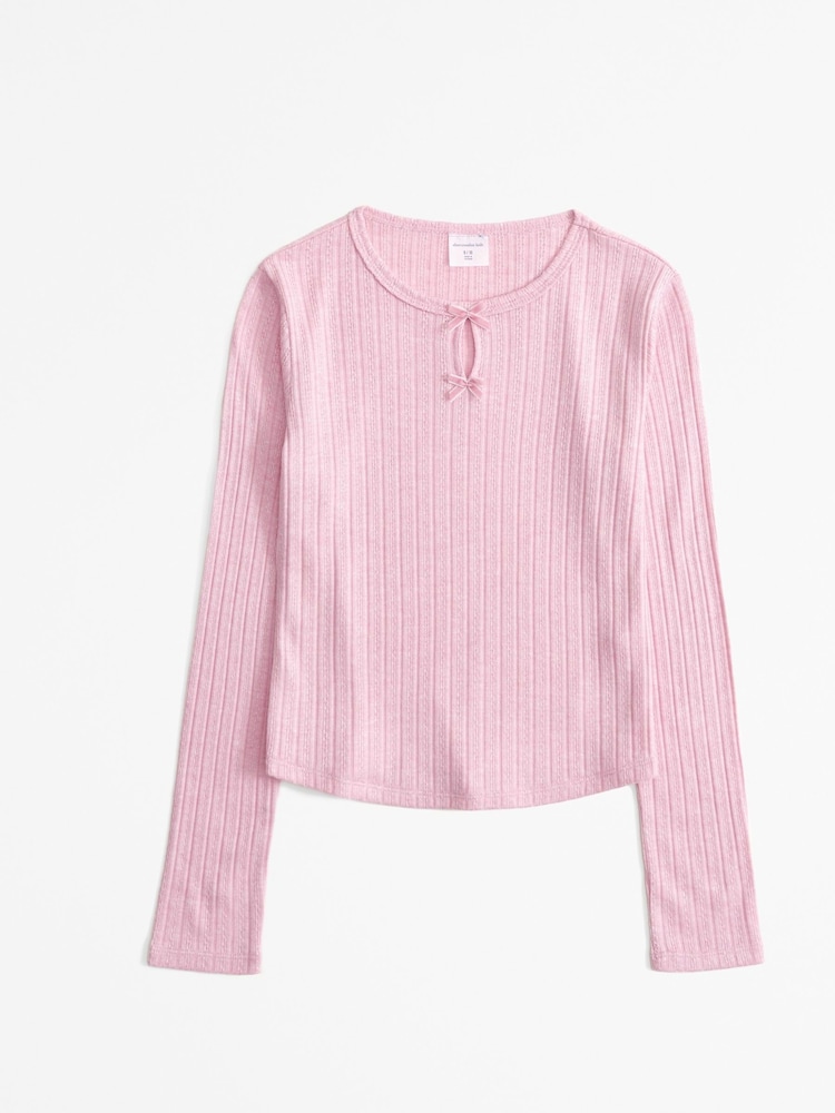 Abercrombie & Fitch Pink Long Sleeve Pointelle Bow Detail Top - Image 1 of 2