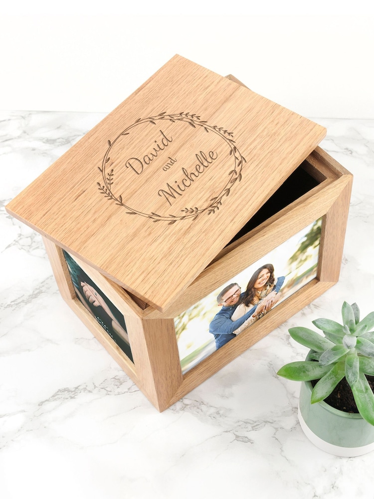 Personalised Couples Wreath Midi Oak Keepsake Box by Treat Republic - Image 1 of 5