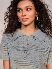 СЕРО-ЗЕЛЕНЫЙ - Pearl-Effect Button Up Stitch Polo Top - Изображение 1 из 7