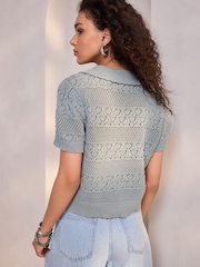 СЕРО-ЗЕЛЕНЫЙ - Pearl-Effect Button Up Stitch Polo Top - Изображение 3 из 7