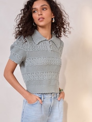СЕРО-ЗЕЛЕНЫЙ - Pearl-Effect Button Up Stitch Polo Top - Изображение 4 из 7