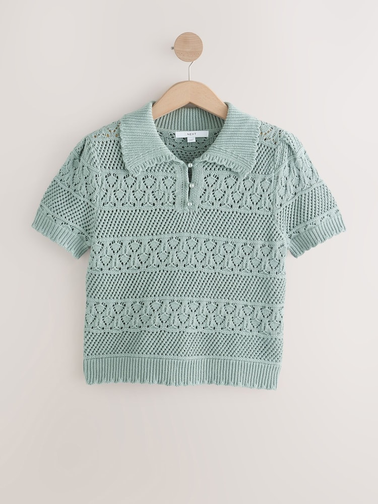 Green Sage Pearl-Effect Button Up Stitch Polo Top - Image 5 of 7
