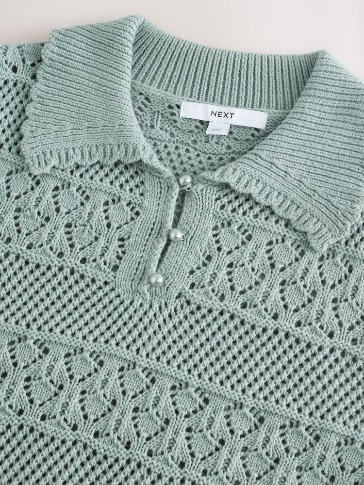 Green Sage Pearl-Effect Button Up Stitch Polo Top - Image 6 of 7