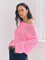 Pink Fluro Stitchy Off The Shoulder Flare Sleeve Jumper - Image 1 of 8