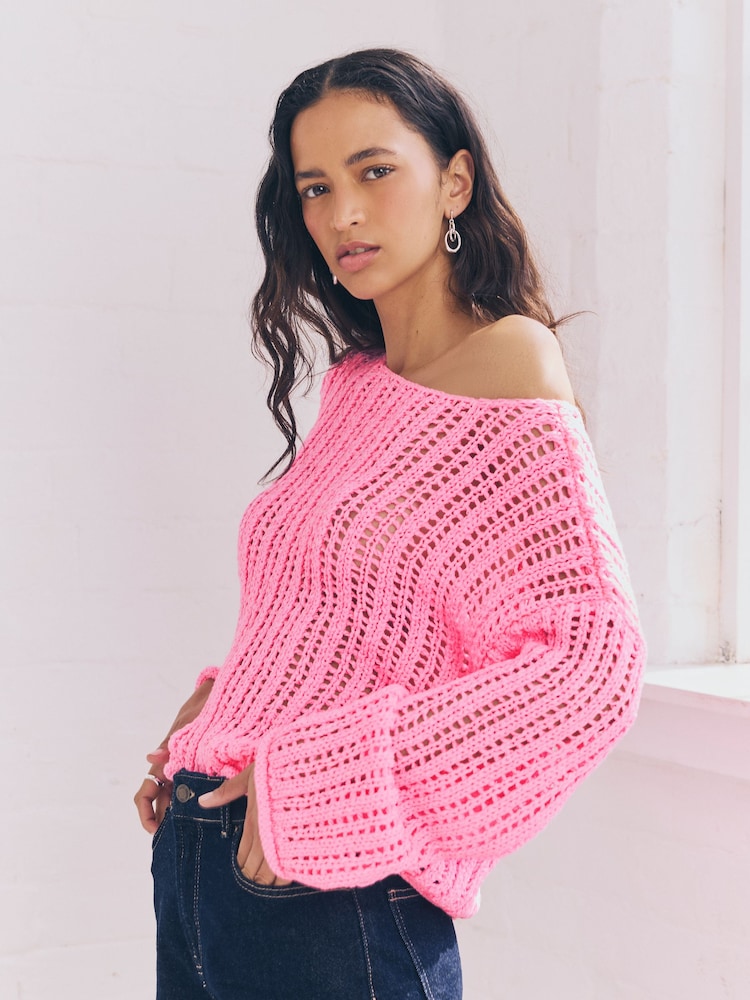 Pink Fluro Stitchy Off The Shoulder Flare Sleeve Jumper - Image 1 of 8