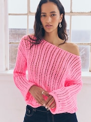 Pink Fluro Stitchy Off The Shoulder Flare Sleeve Jumper - Image 2 of 8