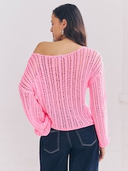 Pink Fluro Stitchy Off The Shoulder Flare Sleeve Jumper - Image 3 of 8