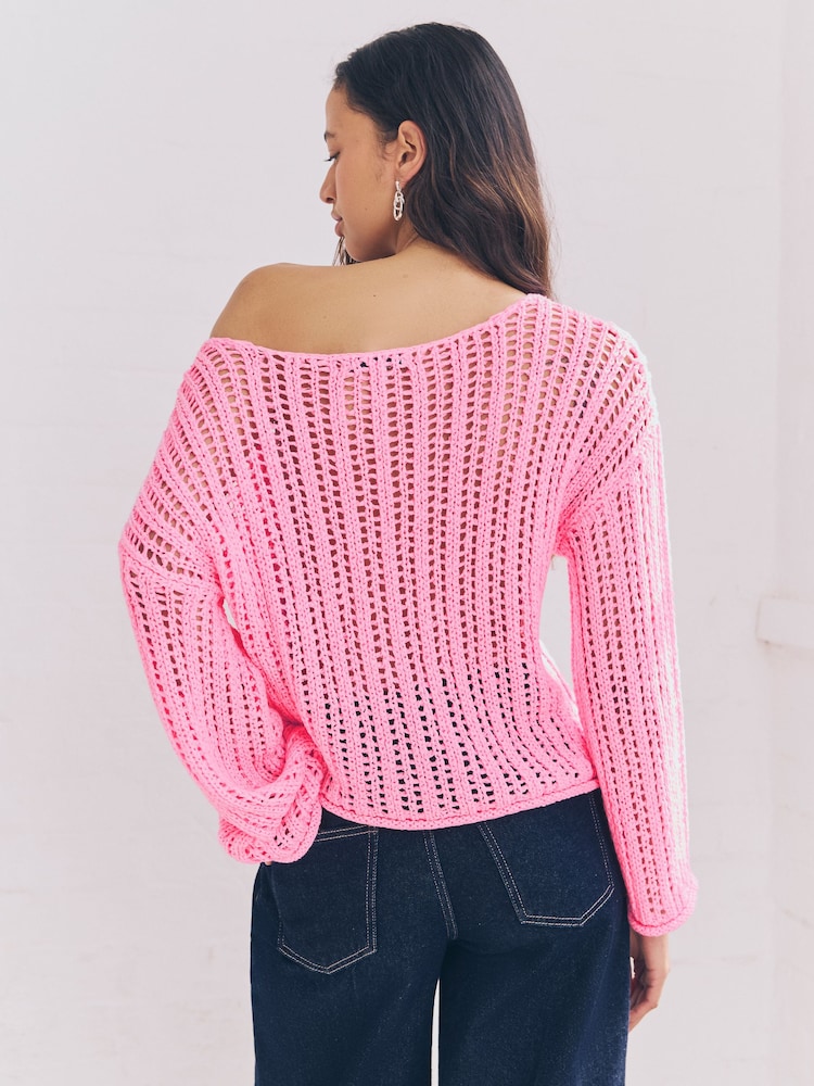 Pink Fluro Stitchy Off The Shoulder Flare Sleeve Jumper - Image 3 of 8