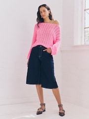 Pink Fluro Stitchy Off The Shoulder Flare Sleeve Jumper - Image 4 of 8