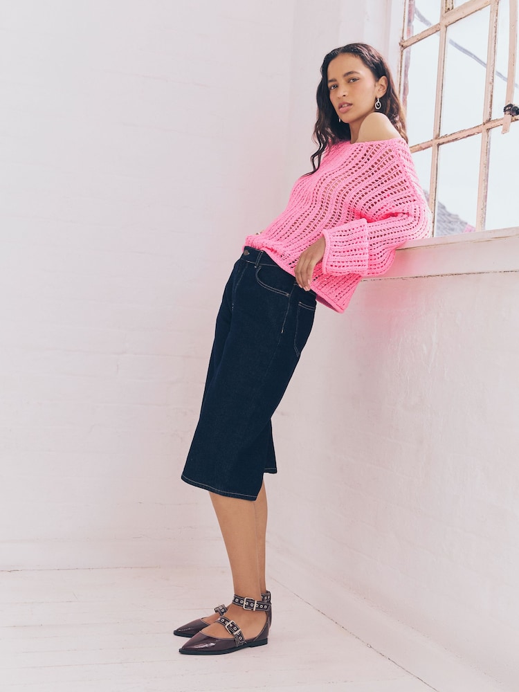 Pink Fluro Stitchy Off The Shoulder Flare Sleeve Jumper - Image 5 of 8