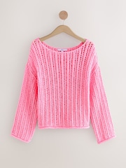 Pink Fluro Stitchy Off The Shoulder Flare Sleeve Jumper - Image 7 of 8