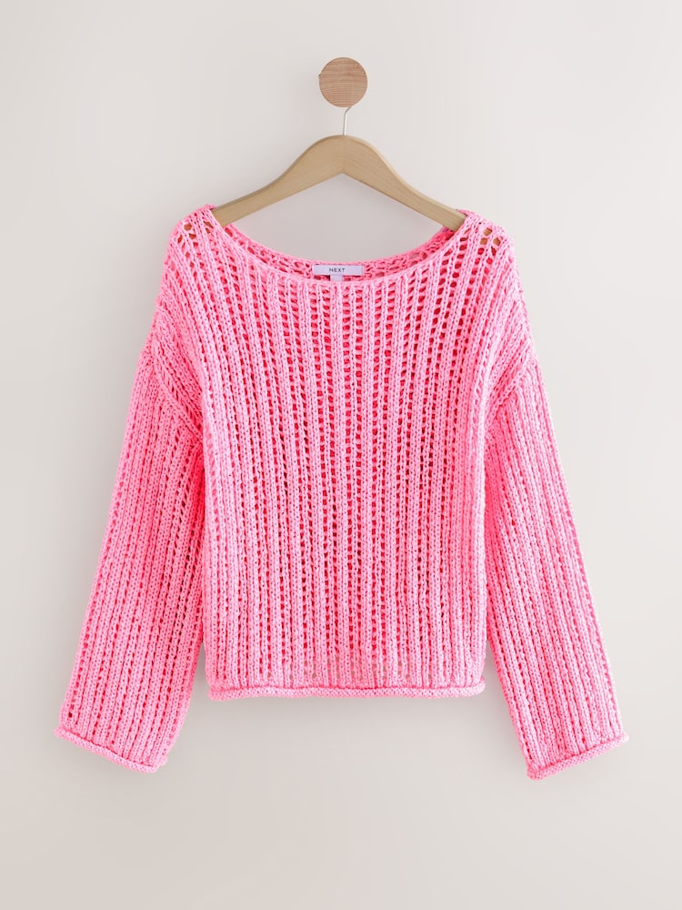 Pink Fluro Stitchy Off The Shoulder Flare Sleeve Jumper - Image 7 of 8