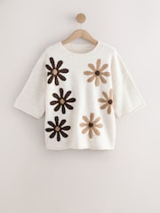 Neutral Floral Graphic Print Pattern Knitted Half Sleeve Top - Image 1 of 2