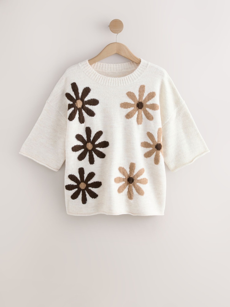 Neutral Floral Graphic Print Pattern Knitted Half Sleeve Top - Image 1 of 2