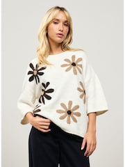 Neutral Floral Graphic Print Pattern Knitted Half Sleeve Top - Image 3 of 6