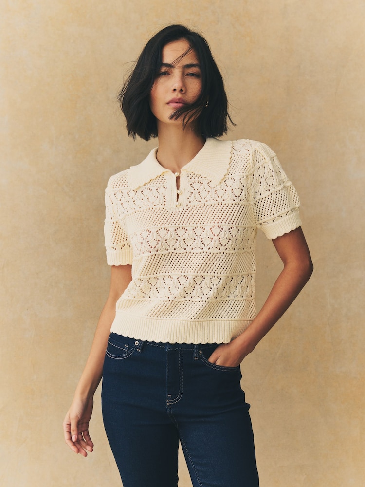 Blanco crudo - Pearl-Effect Button Up Stitch Polo Top - Imagen 1 de 7 Blanco crudo - Pearl-Effect Button Up Stitch Polo Top - Imagen 1 de 7
