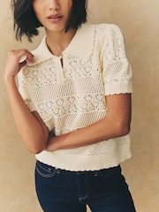 Белый/светло-бежевый - Pearl-Effect Button Up Stitch Polo Top - Изображение 4 из 7