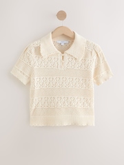 Белый/светло-бежевый - Pearl-Effect Button Up Stitch Polo Top - Изображение 5 из 7