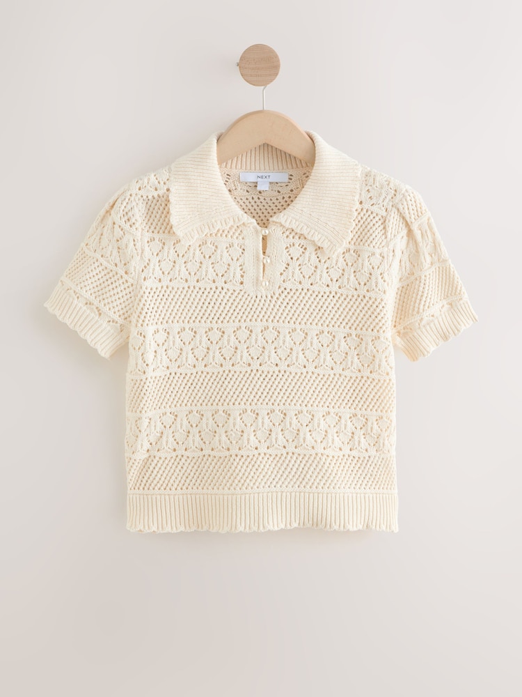 White Ecru Pearl-Effect Button Up Stitch Polo Top - Image 5 of 7