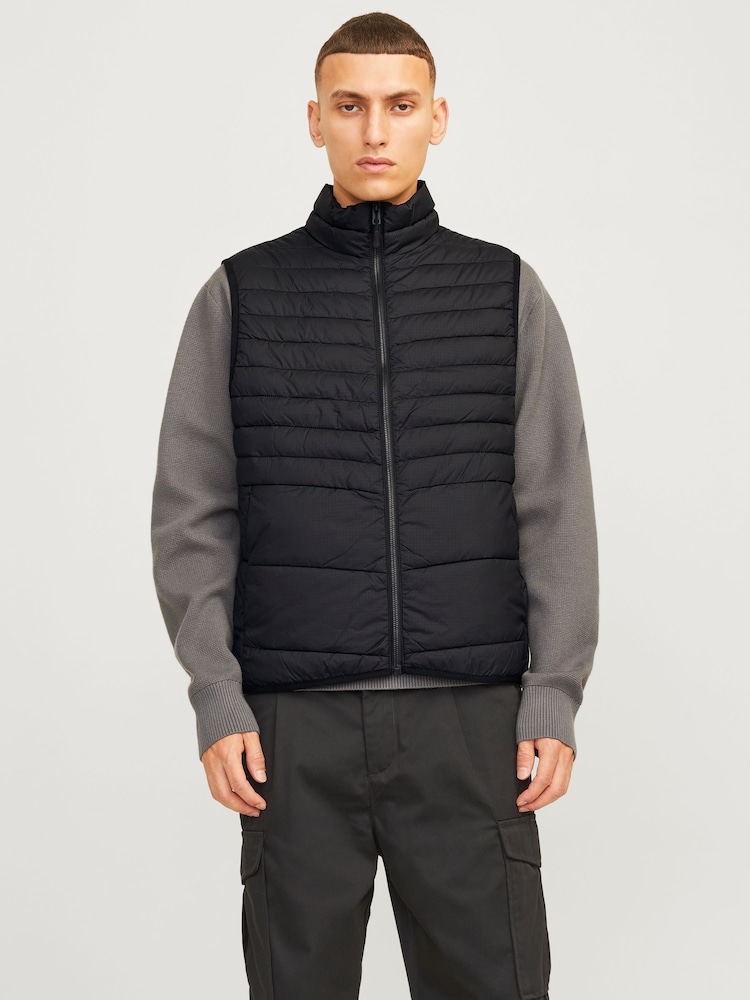 JACK & JONES Black Packable Padded Collarless Gilet - Image 1 of 7