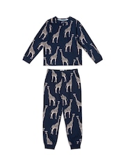 Chelsea Peers Blue Kids Cotton Giraffe Print Long Pyjama Set - Image 1 of 3