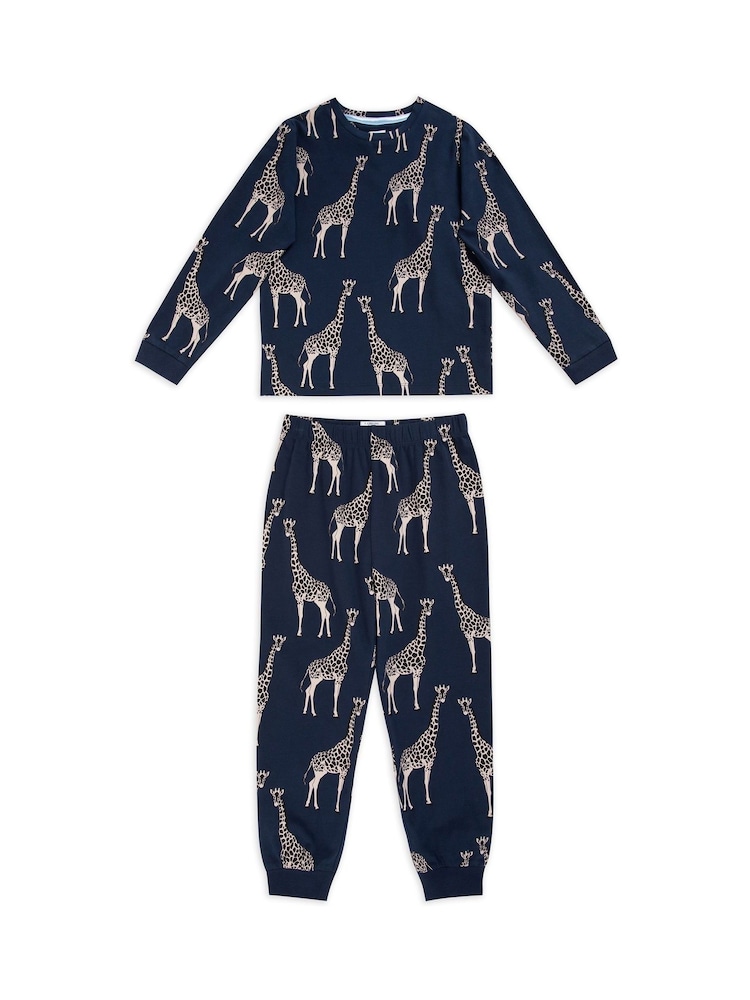 Chelsea Peers Blue Kids Cotton Giraffe Print Long Pyjama Set - Image 1 of 3
