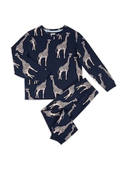 Chelsea Peers Blue Kids Cotton Giraffe Print Long Pyjama Set - Image 2 of 3