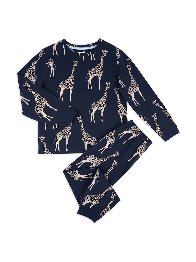 Chelsea Peers Blue Kids Cotton Giraffe Print Long Pyjama Set - Image 2 of 3