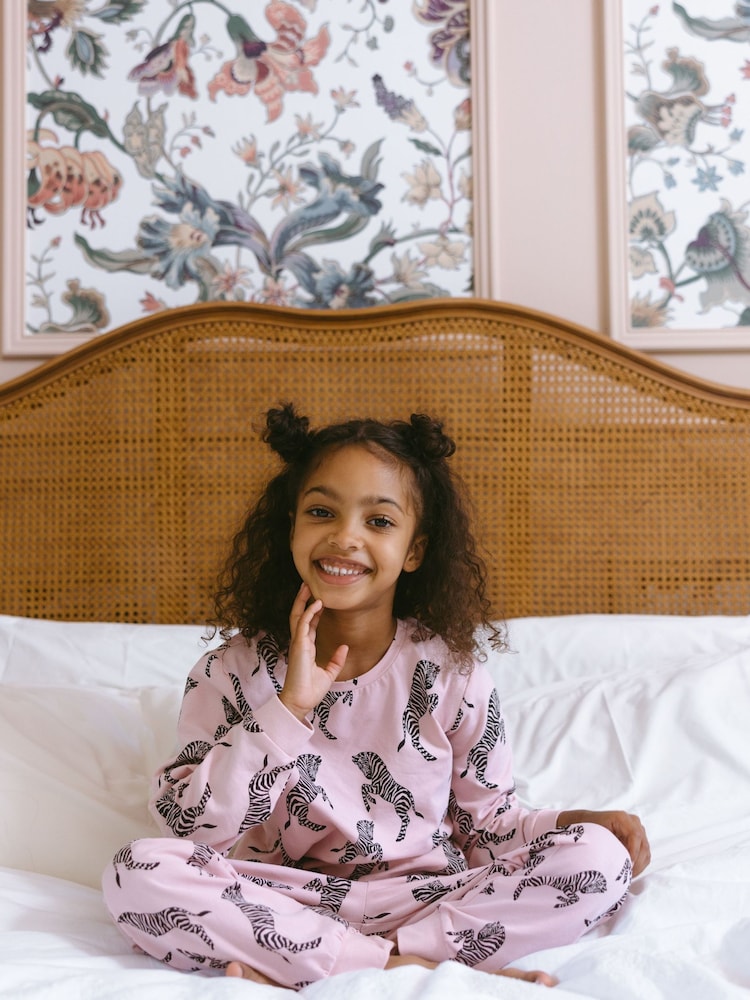Chelsea Peers Pink Kids Organic Cotton Jumping Zebra Print Long Pyjama Set - Image 1 of 4