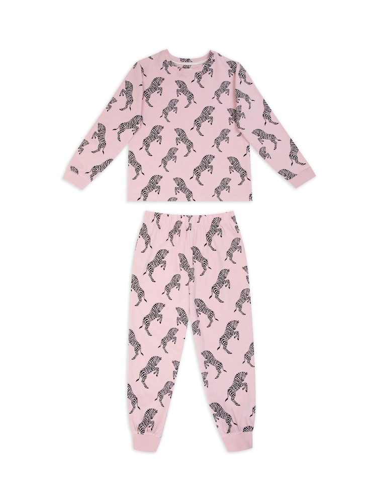 Chelsea Peers Pink Kids Organic Cotton Jumping Zebra Print Long Pyjama Set - Image 2 of 4