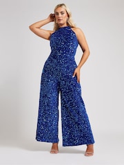 Yours Curve Blue Sequin Velvet Jumpsuit - Image 2 of 6