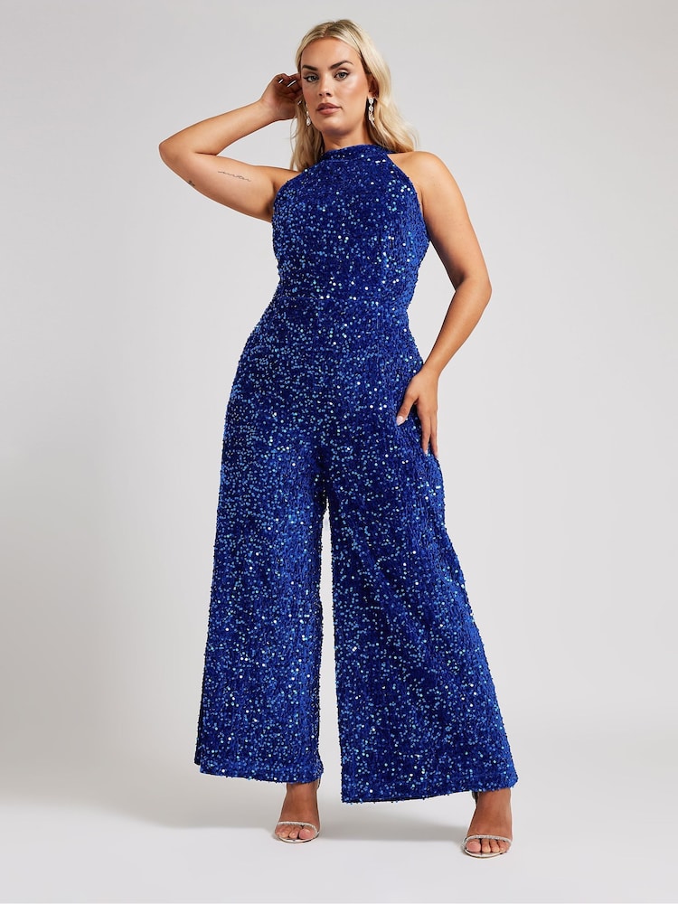 Yours Curve Blue Sequin Velvet Jumpsuit - Image 2 of 6