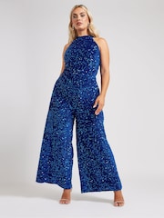 Yours Curve Blue Sequin Velvet Jumpsuit - Image 3 of 6