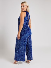 Yours Curve Blue Sequin Velvet Jumpsuit - Image 4 of 6