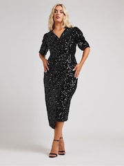 Yours Curve Black London Sequin Velvet Puff Sleeve Wrap Dress - Image 3 of 5