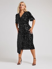 Yours Curve Black London Sequin Velvet Puff Sleeve Wrap Dress - Image 4 of 5