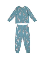 Chelsea Peers Blue Kids Organic Cotton Giraffe Print Long Pyjama Set - Image 2 of 4