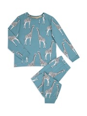 Chelsea Peers Blue Kids Organic Cotton Giraffe Print Long Pyjama Set - Image 3 of 4